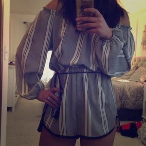 Urban Outfitters Striped Off-Shoulder Jumpsuit - Black and White